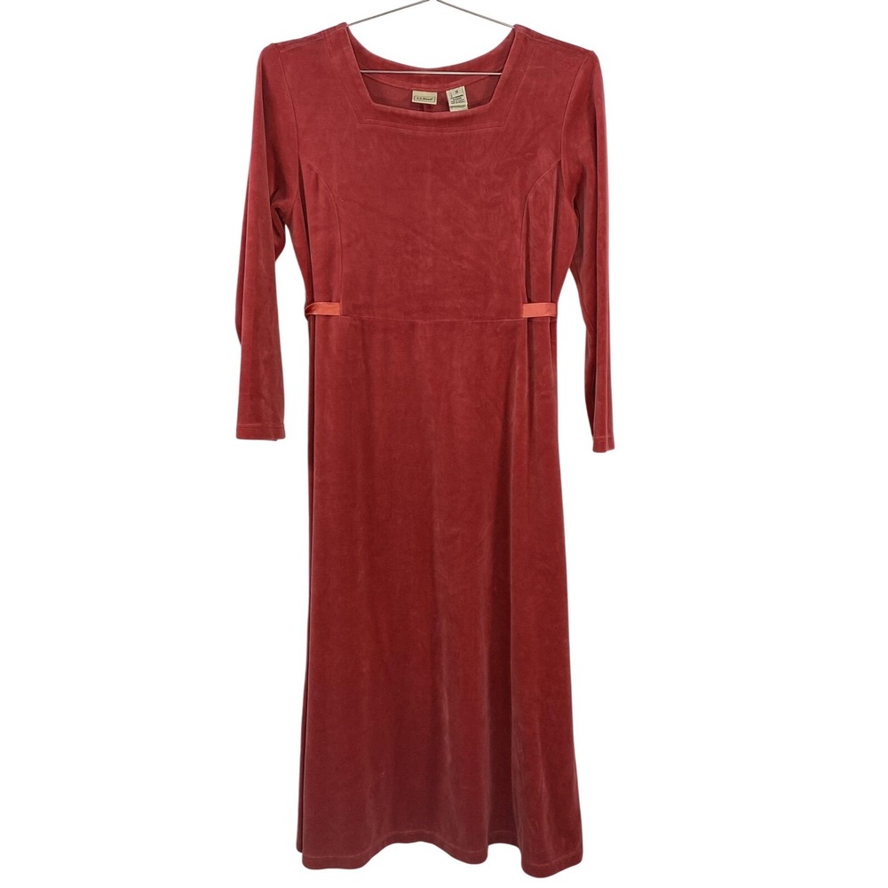 L.L.Bean Dress Womens Petite Medium Red Velour Long Sleeve Waist Tie Midi Belted